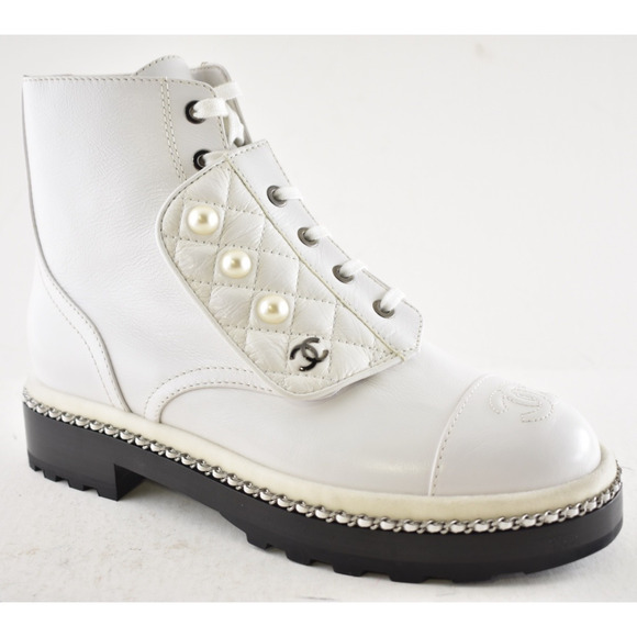 Chanel 18K White Pearl CC Chain Around Combat Lace Up Tie Ankle Short Boots 37 - Picture 4 of 15
